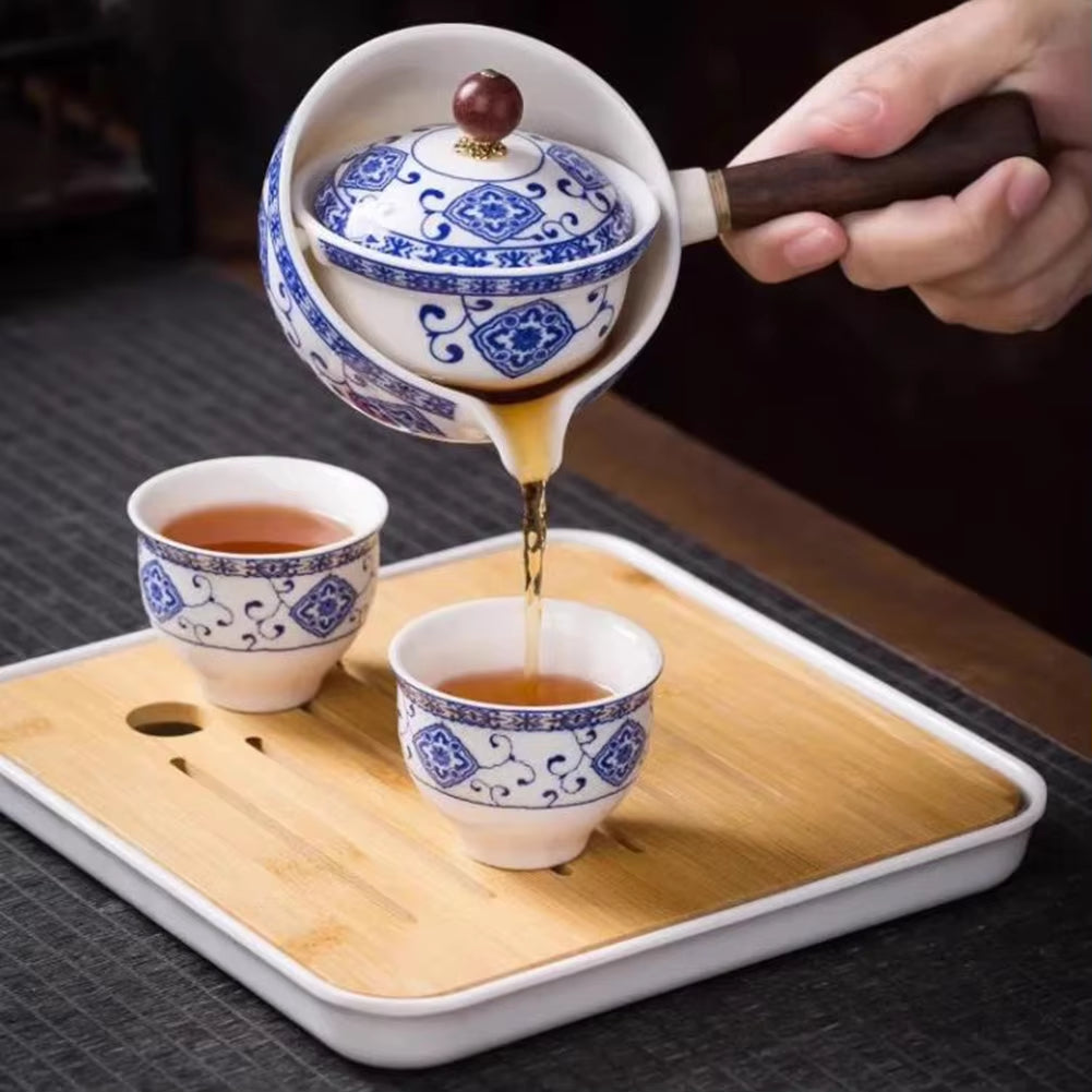 Porcelain Gongfu Tea Set – Portable 360° Rotating Teapot, Heat-Resistant and Stylish Design – Perfect for Tea Enthusiasts